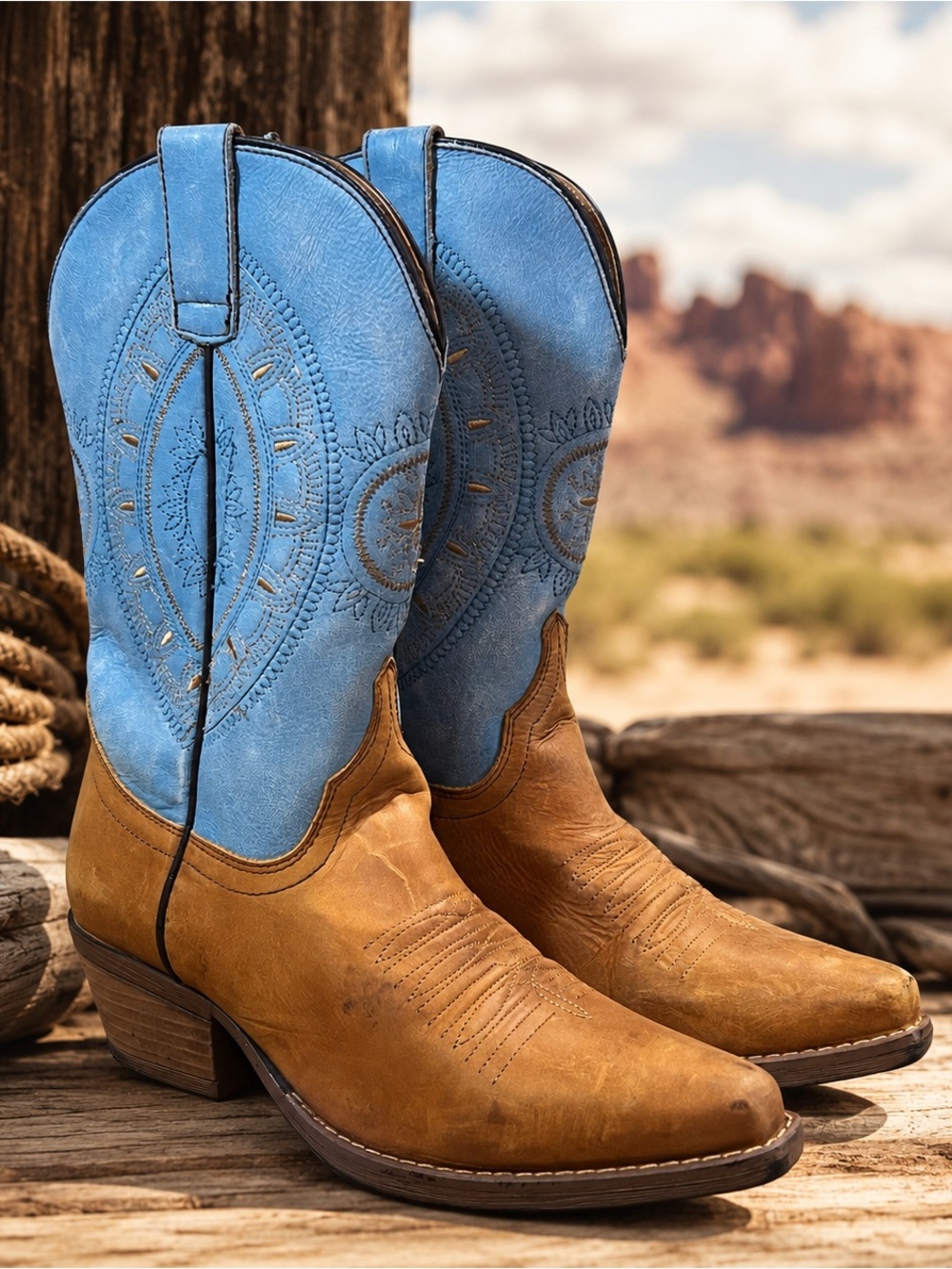 Sterling River Western Cowgirl Boots Two-Tone Powder Blue Distressed Brown 7 M